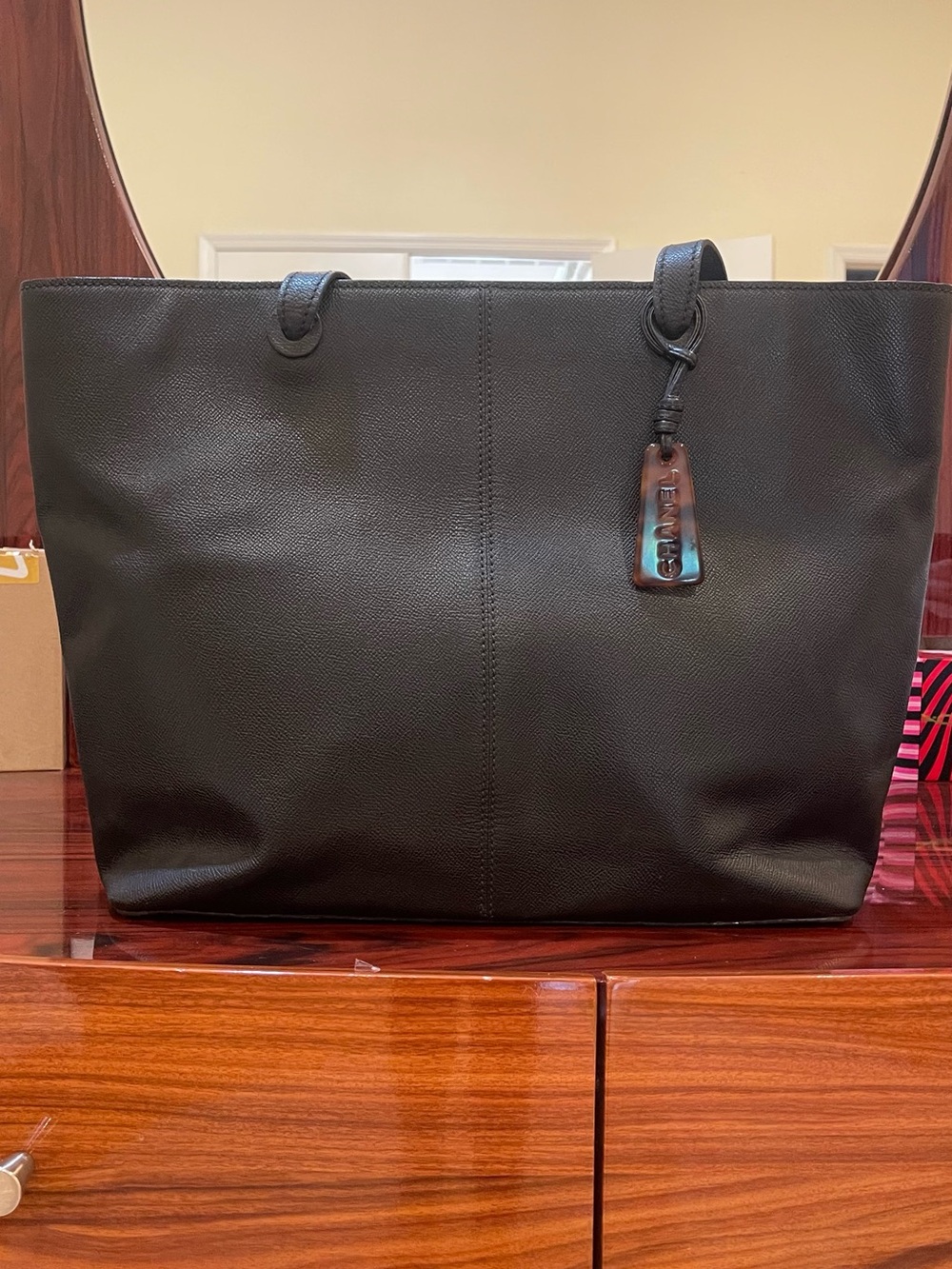 CHANEL Black Leather Tote with Tortoiseshell Tag